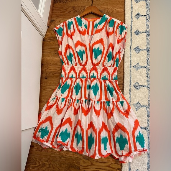 Oliphant Smocked Waist Mini Dress in Odisha Coral Print Women's Sz S Orange Teal - Picture 6 of 14